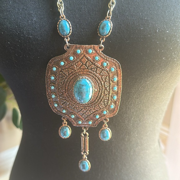Long Boho Statement Necklace W/Turquoise Colored Stones - Picture 3 of 6